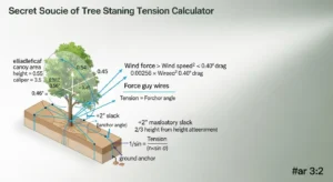 Tree staking tension calculator drag equation and guy wire tension geometry visualized in 3D diagram
