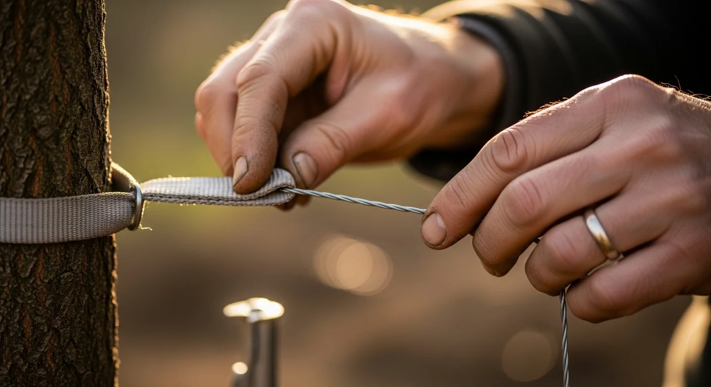 Gardener installing guy wire with proper two-inch slack using tree staking tension calculator results