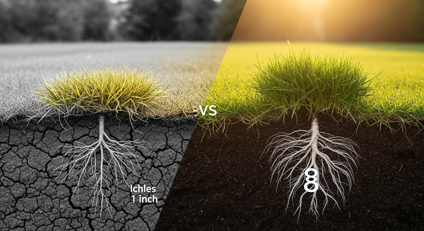 Turf Watering Calculator showing the difference between shallow roots and deep-watered healthy grass.