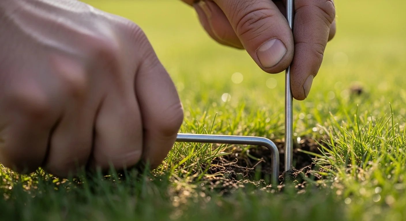 Gardener using a soil probe to verify deep water penetration after using Turf Watering Calculator.