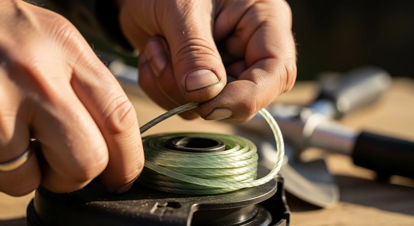 Weed eater line calculator in action showing hands loading the exact calculated footage of trimmer line into the spool