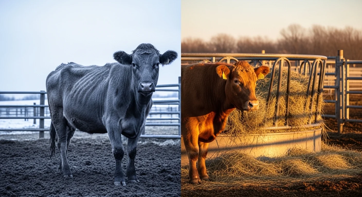 Thin stressed cow versus healthy cow in winter showing cold stress impact