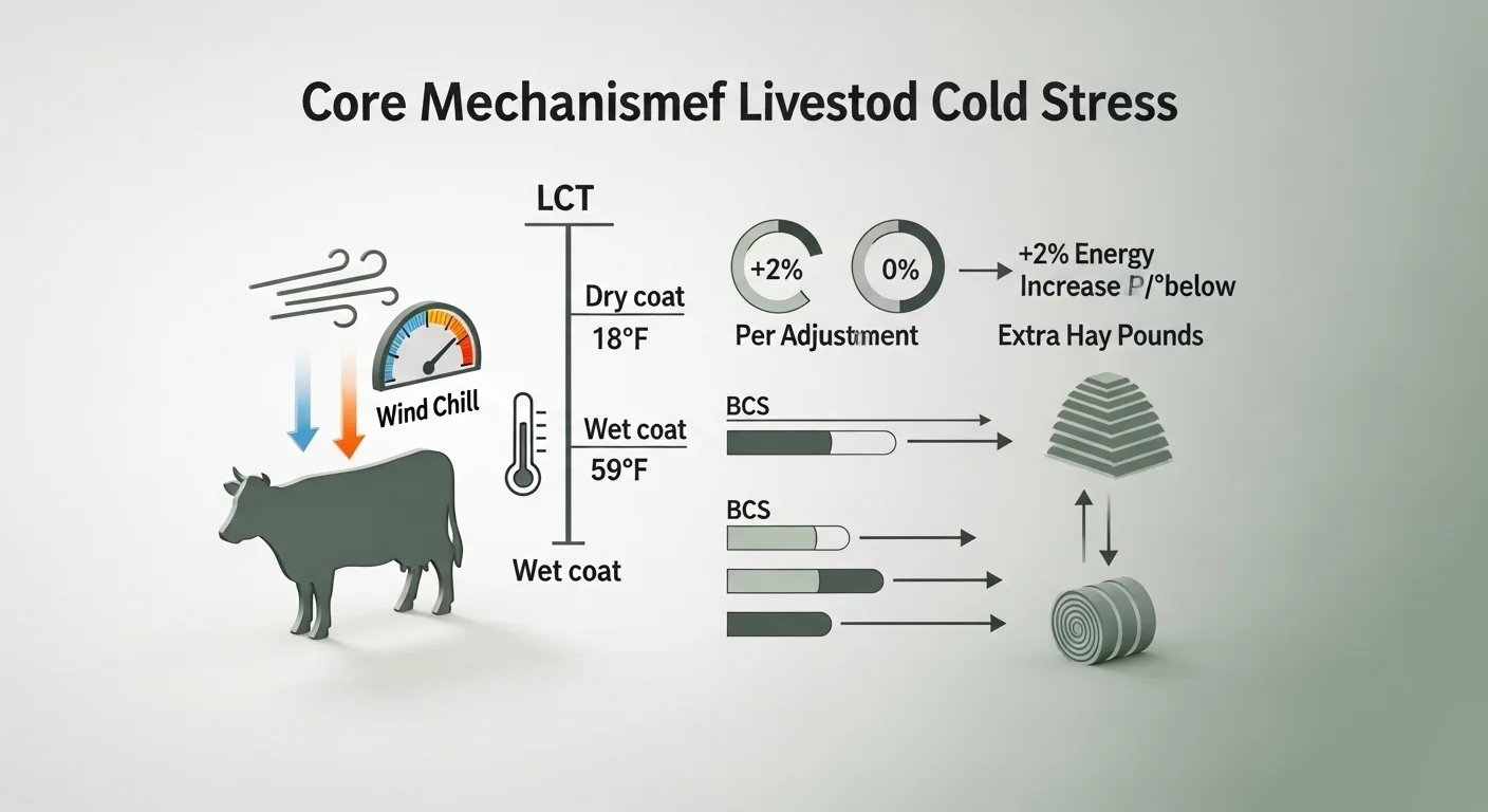 3D diagram showing wind chill below LCT causing 2% extra energy per degree for cattle