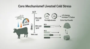 3D diagram showing wind chill below LCT causing 2% extra energy per degree for cattle