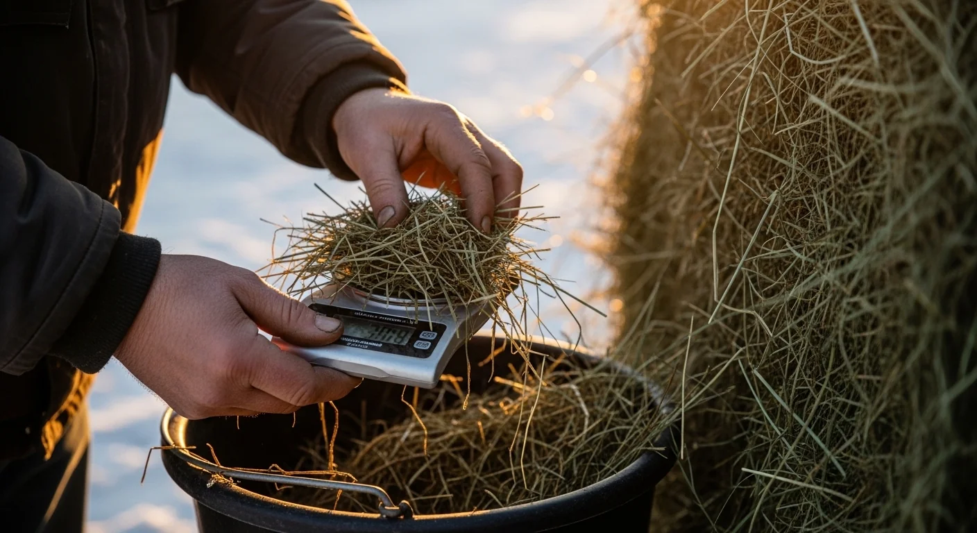 Rancher hands weighing precise extra hay amount calculated for winter cold stress
