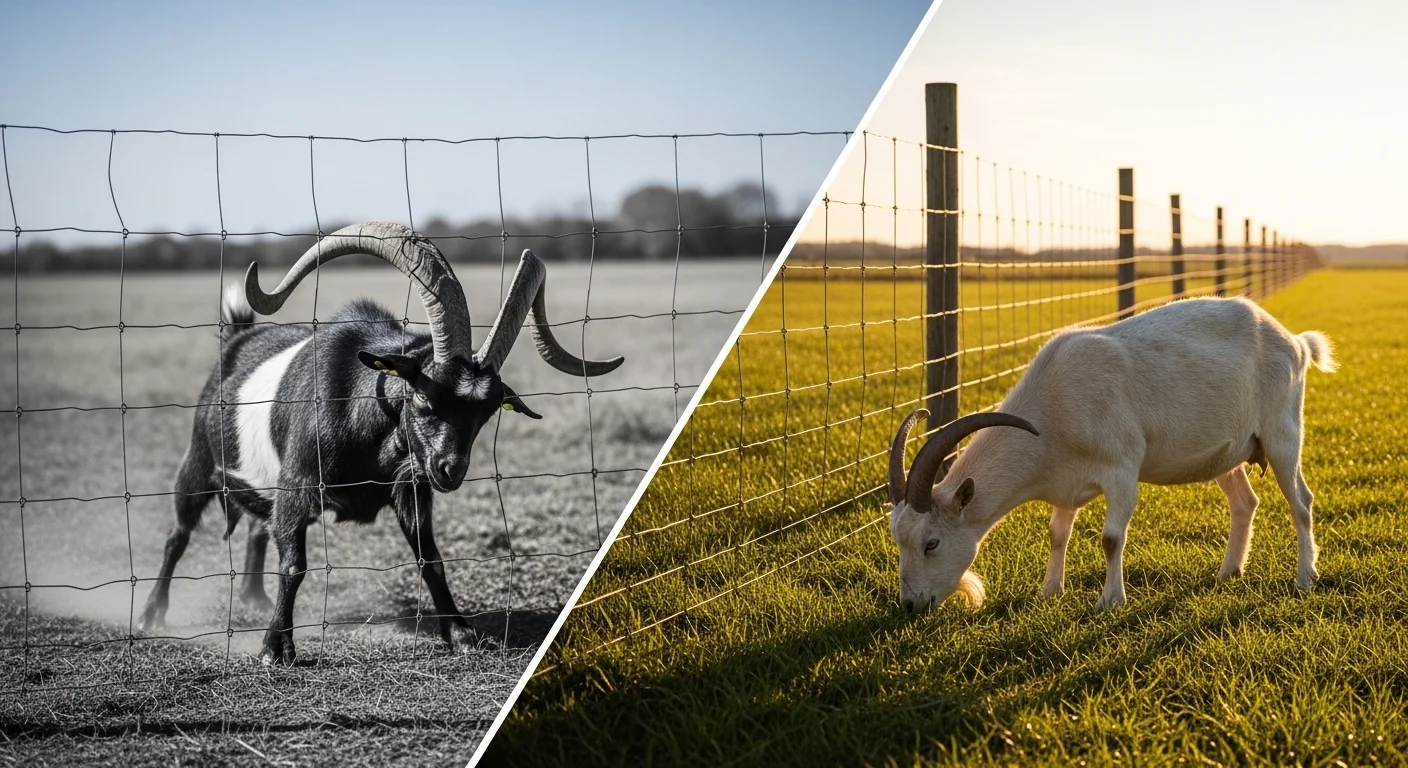 Woven wire fence calculator before and after showing horn trap danger versus safe goat containment