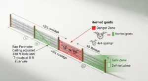 Woven wire fence calculator secret sauce showing 5% overage rolls calculation and horn trap safety check