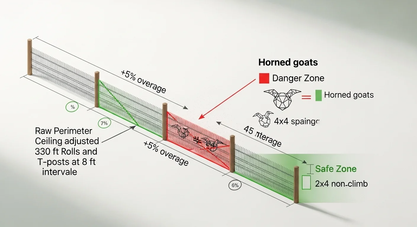 Woven wire fence calculator secret sauce showing 5% overage rolls calculation and horn trap safety check