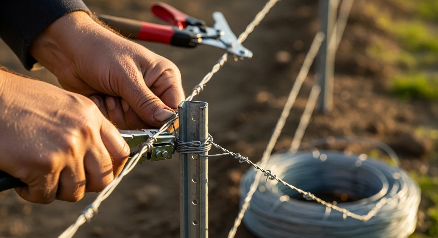 Woven wire fence calculator result applied as hands installing safe non-climb woven wire on T-posts