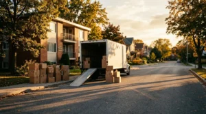 A moving truck and stacked boxes outside an apartment building at golden hour, symbolizing a quiet relocation and fresh start.