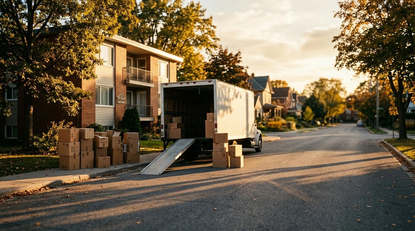 A moving truck and stacked boxes outside an apartment building at golden hour, symbolizing a quiet relocation and fresh start.