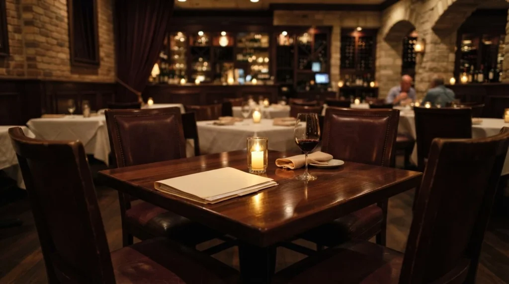 A dimly lit restaurant table set for a tense family dinner, with legal documents and untouched water glasses under warm candlelight.