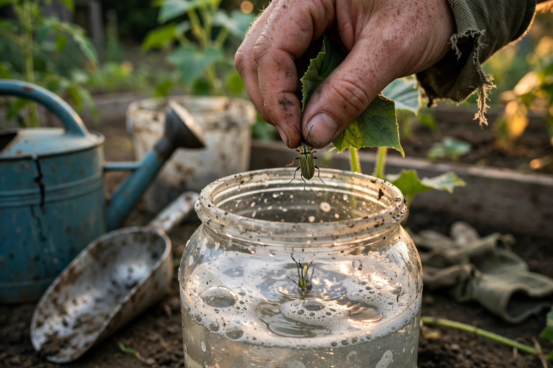 cucumber-beetle-control-handpicking-soapy-water.jpg