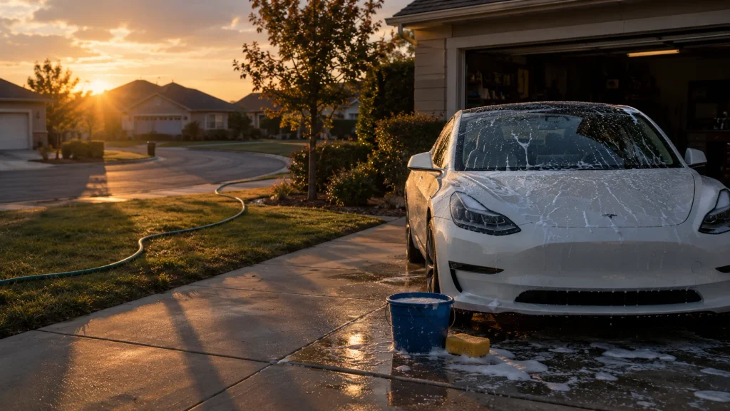 A white electric car with soap suds parked in a suburban driveway, with a bucket, a sponge, and a garden hose on the lawn beside a neighbor’s open garage.