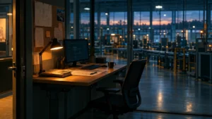 An empty adjustable desk in a dim operations office with process diagrams and a notebook, overlooking an idle factory floor at dusk.