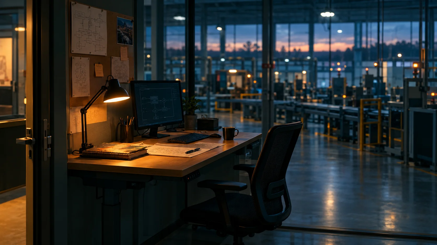 An empty adjustable desk in a dim operations office with process diagrams and a notebook, overlooking an idle factory floor at dusk.