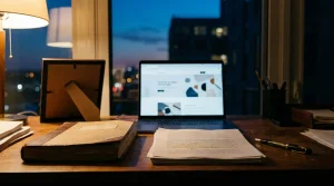 A manuscript, marked-up pages, and a laptop on a writer's desk at dusk, representing an author's career and personal boundaries.