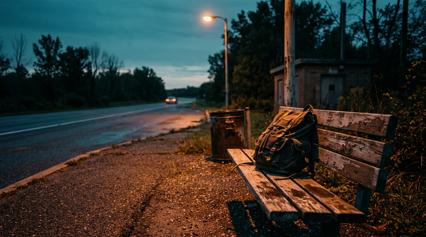 A worn backpack sitting on a wooden bench at an empty highway rest stop at dusk.