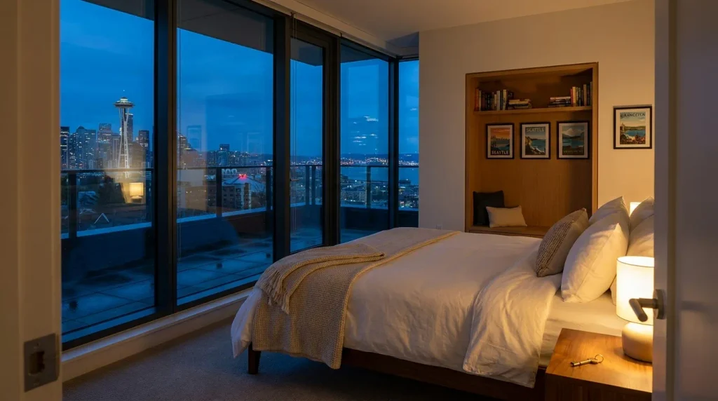 A modern high-rise bedroom at dusk with floor-to-ceiling windows, a made bed, a reading nook and a brass key on the nightstand.