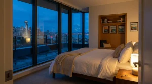 A modern high-rise bedroom at dusk with floor-to-ceiling windows, a made bed, a reading nook and a brass key on the nightstand.