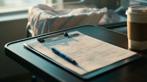A clipboard holding a hospital form with a pen across it, next to a paper coffee cup on a bedside table in soft morning light.