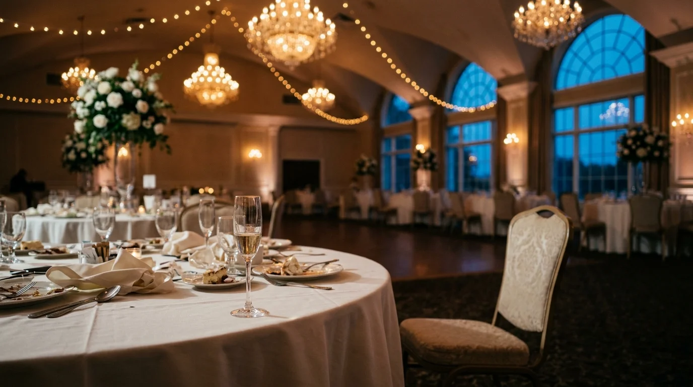 An untouched champagne glass on a wedding reception table with white roses and chandeliers in the background.