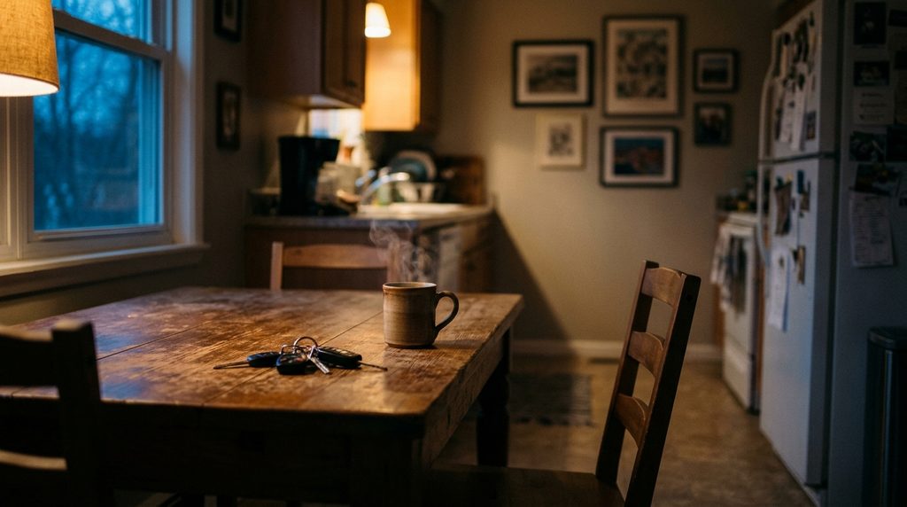A coffee mug and car keys on a wooden kitchen table beside an empty chair in warm evening light.