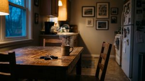 A coffee mug and car keys on a wooden kitchen table beside an empty chair in warm evening light.