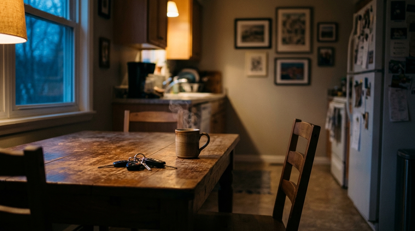 A coffee mug and car keys on a wooden kitchen table beside an empty chair in warm evening light.