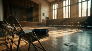 Empty front-row chairs in a college auditorium with a diploma case resting on one seat in warm window light.