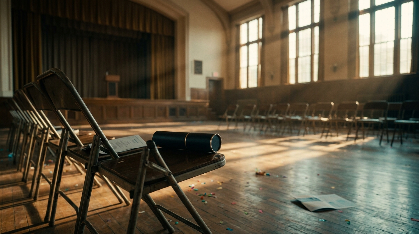 Empty front-row chairs in a college auditorium with a diploma case resting on one seat in warm window light.