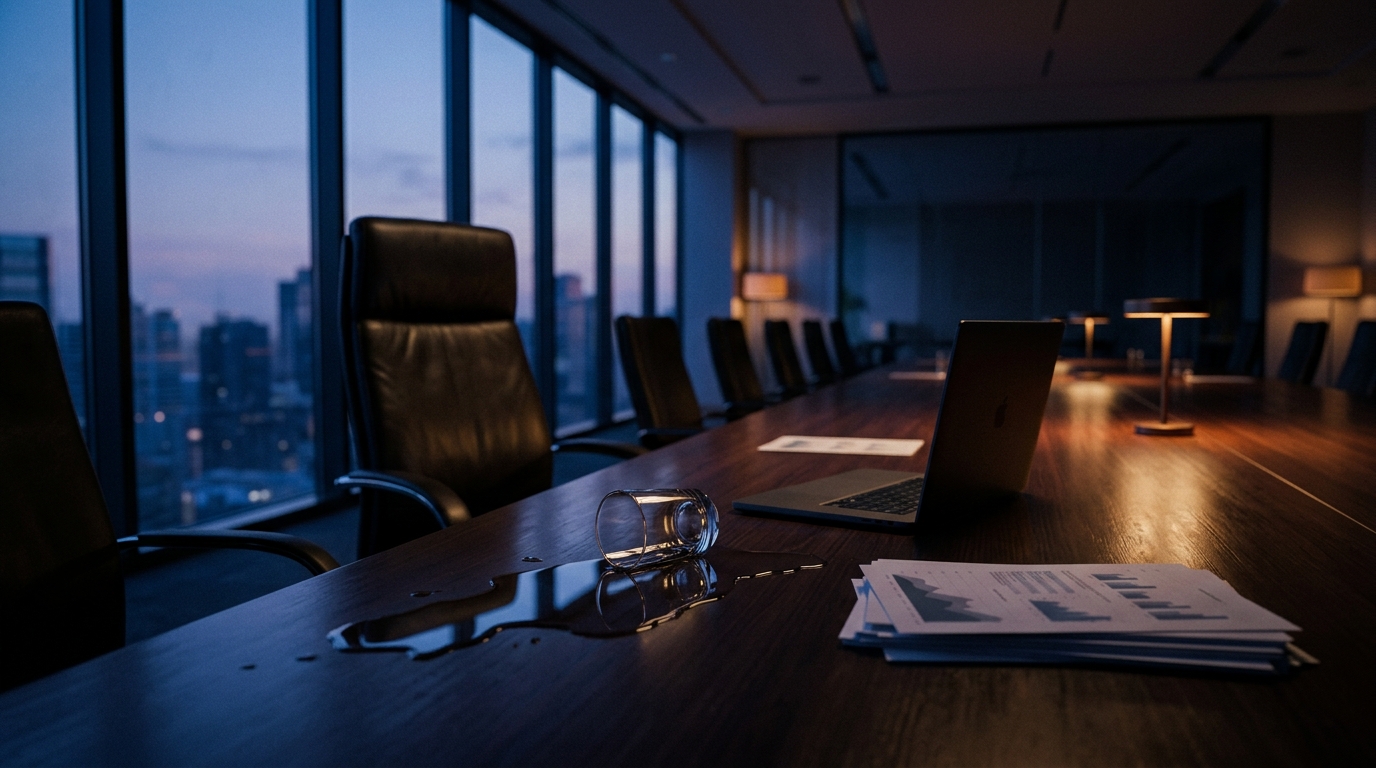 An empty corporate boardroom at dusk with stacked reports on a long table and cool light through the windows.