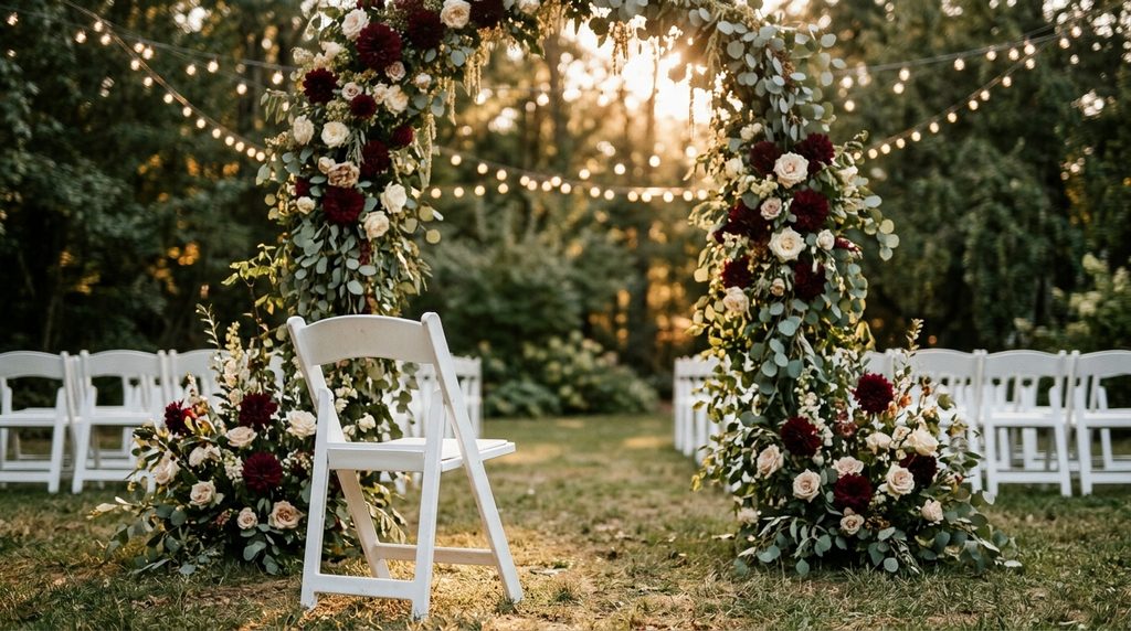 An empty white chair in the front row of an outdoor garden wedding ceremony, beneath an arch of burgundy and cream roses at sunset.