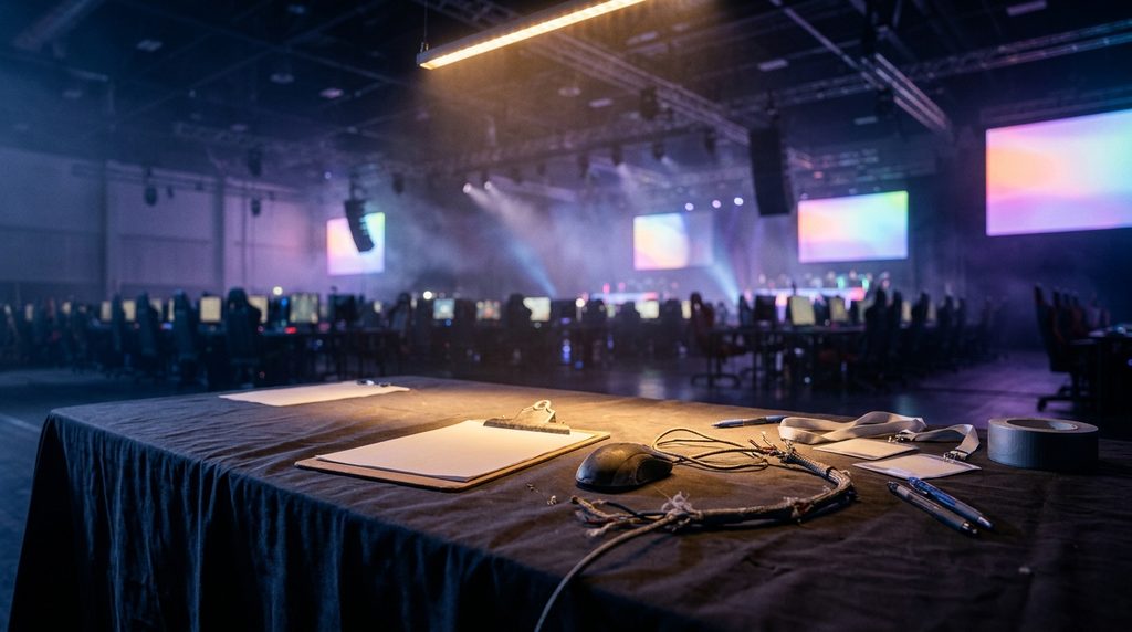 Empty esports tournament registration table with a gaming mouse and a frayed cable under blue stage lighting.