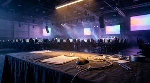 Empty esports tournament registration table with a gaming mouse and a frayed cable under blue stage lighting.