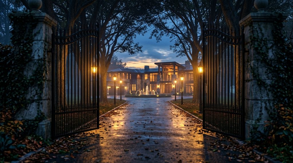 A large estate at dusk with tall iron gates, a lantern-lined driveway and warmly lit windows.