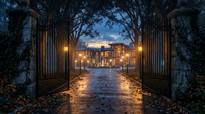 A large estate at dusk with tall iron gates, a lantern-lined driveway and warmly lit windows.