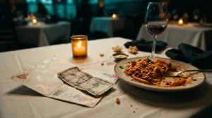A crumpled five-dollar bill lying on an open birthday card on a restaurant table set with pasta and wine glasses.