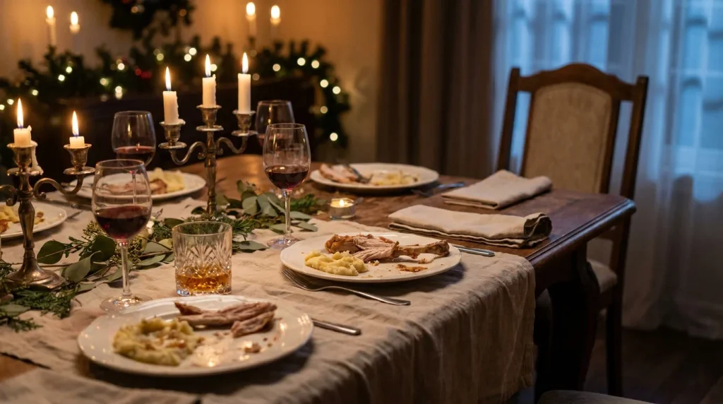 A holiday dining table with half-eaten plates, wine glasses and candlelight, and an empty chair with no place setting at the far end.