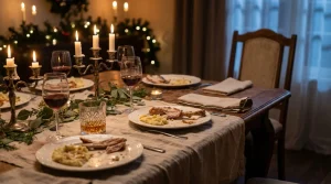 A holiday dining table with half-eaten plates, wine glasses and candlelight, and an empty chair with no place setting at the far end.