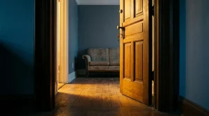 A warmly lit apartment doorway with a key in the lock and a gray-blue living room visible through the partly open door.