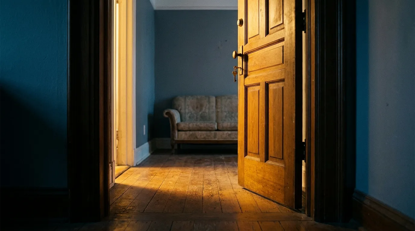 A warmly lit apartment doorway with a key in the lock and a gray-blue living room visible through the partly open door.