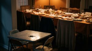 A Thanksgiving dining room with a full adult table in warm light and an empty folding kids’ table in the corner holding a set of keys.