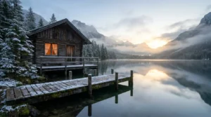 A log cabin with a wooden dock beside a calm lake at sunrise, surrounded by snow-dusted pine trees.