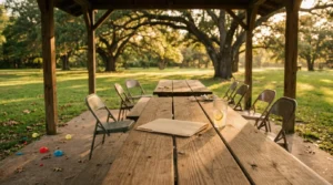 An empty park pavilion at sunset with a manila folder resting on a wooden picnic table.