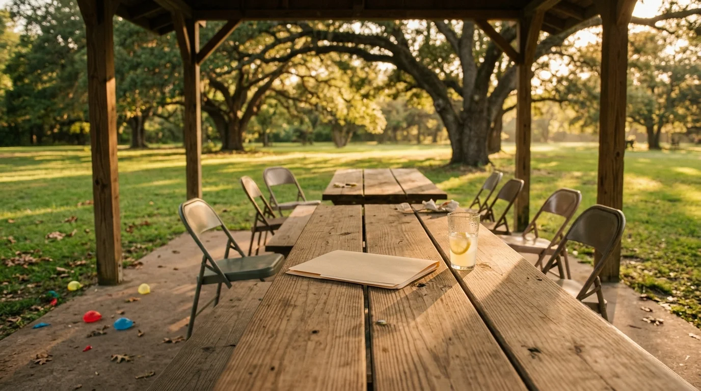An empty park pavilion at sunset with a manila folder resting on a wooden picnic table.
