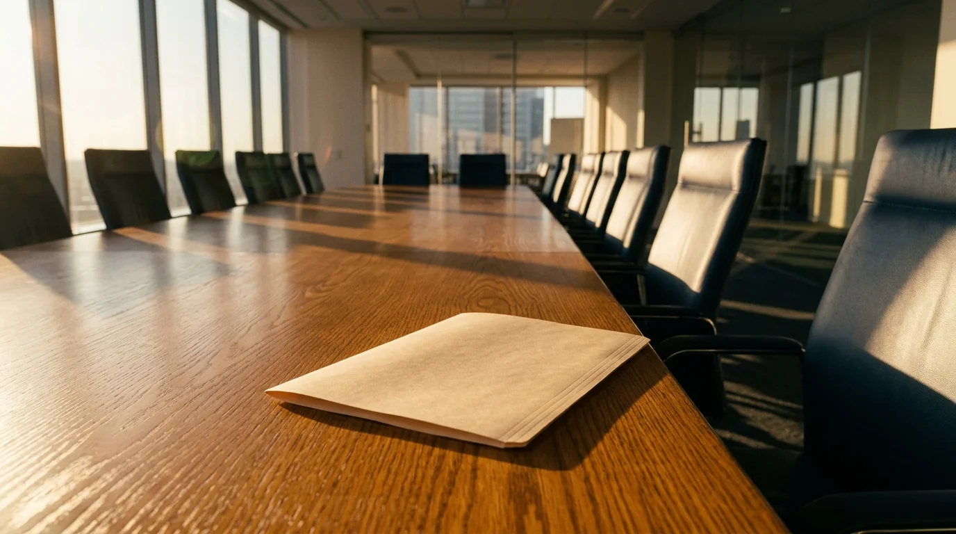 Manila folder on a polished oak boardroom table in warm late-afternoon light.