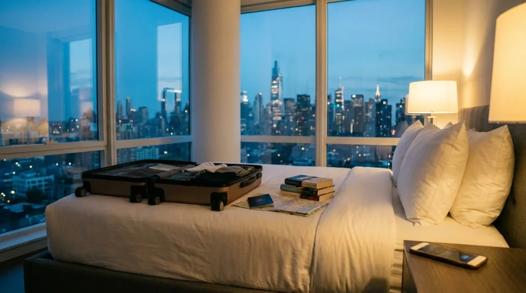 A half-packed suitcase with a passport and novels on a bed in a high-rise apartment, with a lit city skyline outside the window.