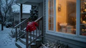 A snowy front porch with a child’s red coat on the railing while warm Christmas light glows through the living-room window.