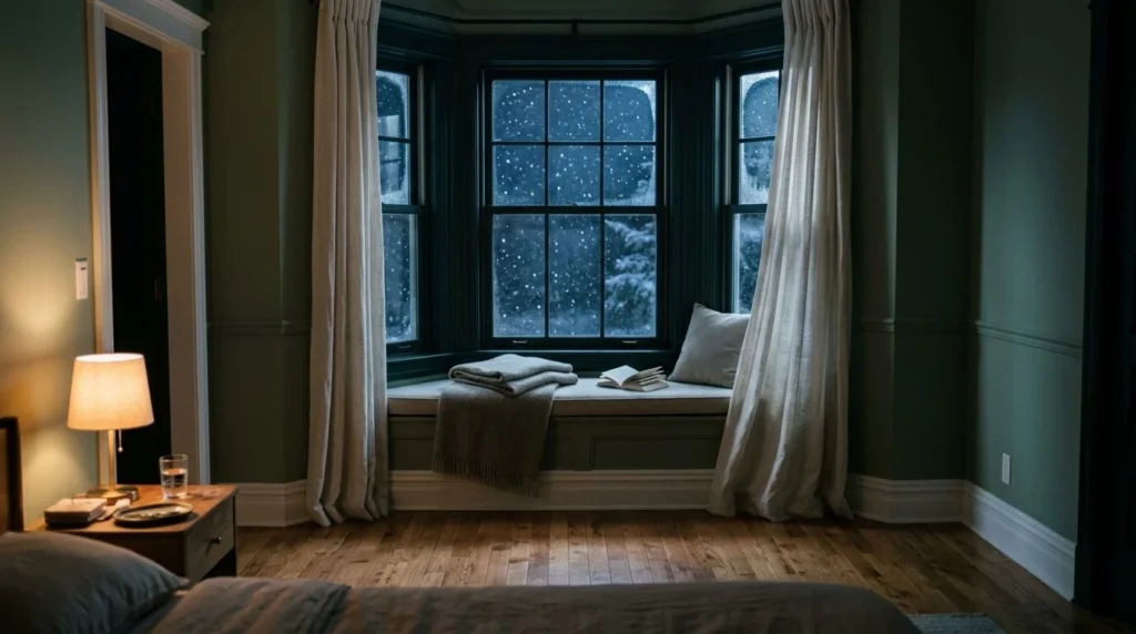 Moonlit bedroom with a built-in window seat, sage green walls and linen curtains on a snowy winter night.